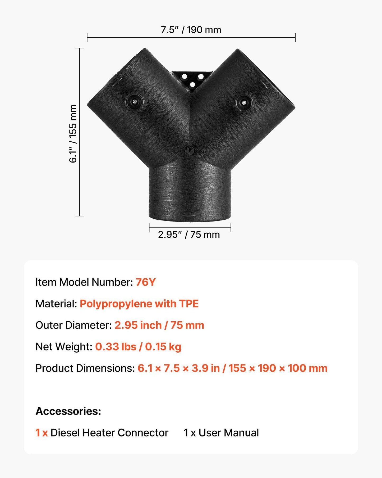 75mm Diesel Heater Y Connector with Adjustable Valves
